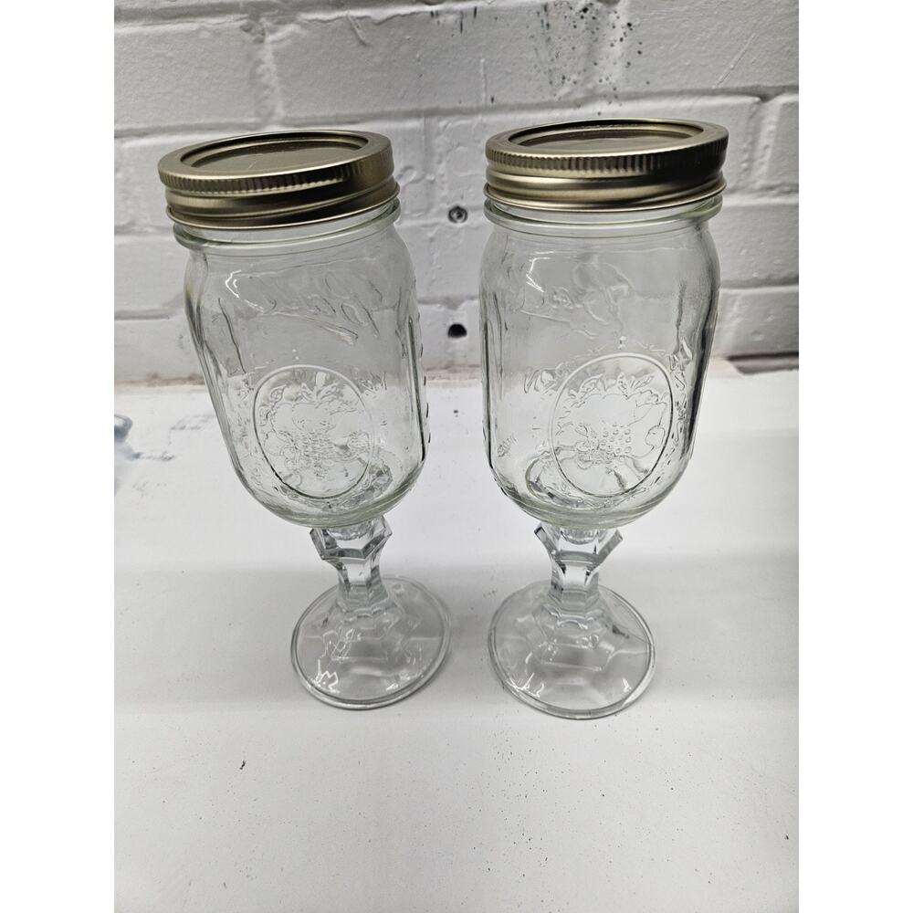 Ball Mason Jar Wine Glass Goblets with Stem & Lids PAIR Footed Country Drinkware
